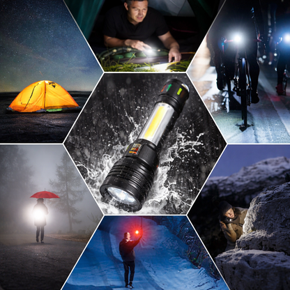 🔦 Lanternă LED Tactică Reîncărcabilă cu Zoom și Afișaj Digital al Bateriei – PowerBeam X1