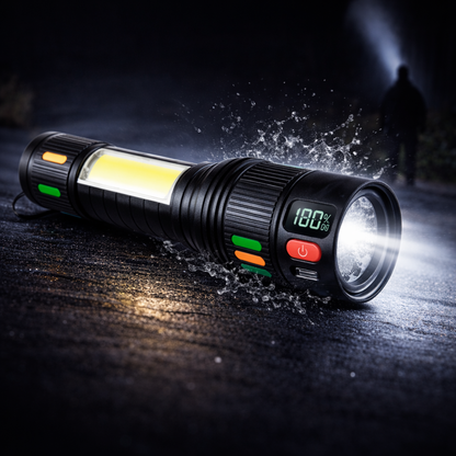 🔦 Lanternă LED Tactică Reîncărcabilă cu Zoom și Afișaj Digital al Bateriei – PowerBeam X1