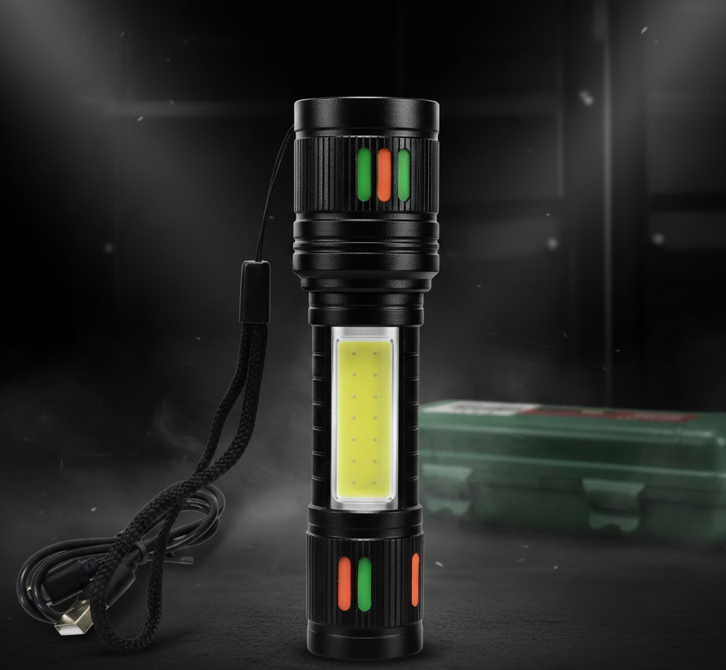 🔦 Lanternă LED Tactică Reîncărcabilă cu Zoom și Afișaj Digital al Bateriei – PowerBeam X1